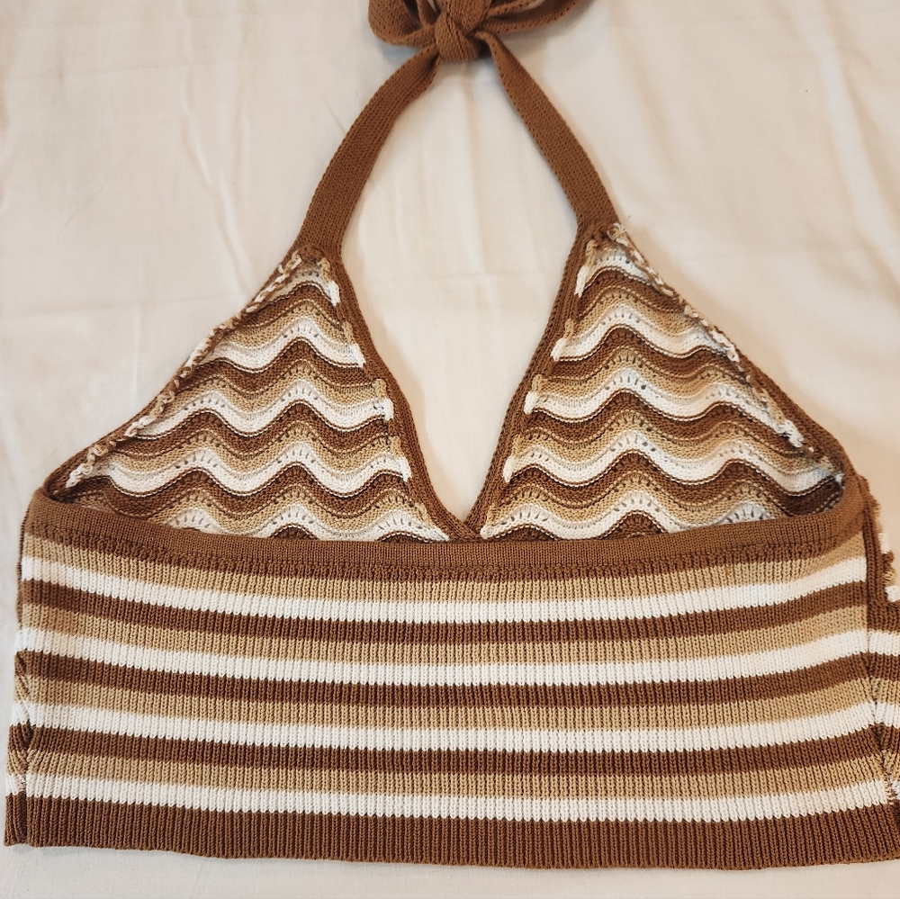 Women's Brown Stripes Crochet Knit Cropped Halter Tank Top Size XL Y2K 90s Brat - Picture 5 of 8